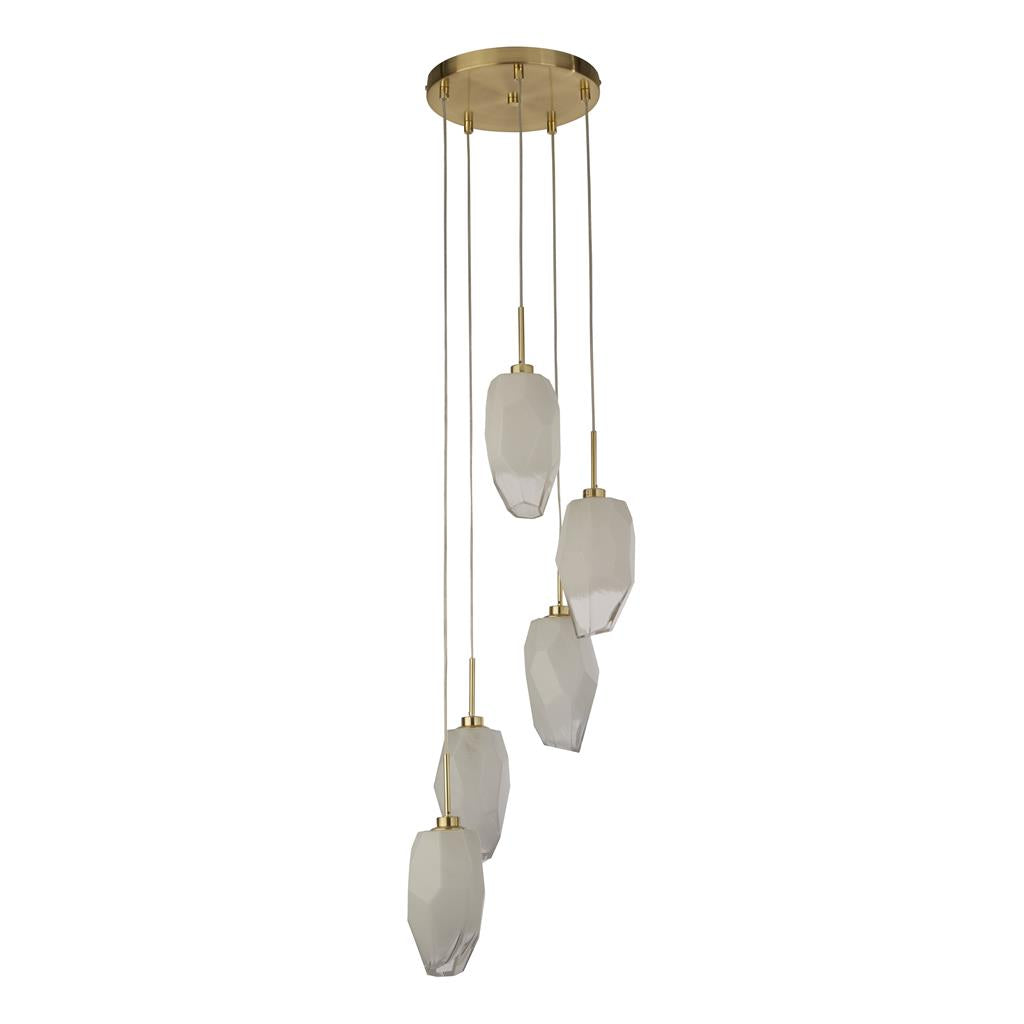 Rocky 5Lt Multi Drop Pendant, Satin Brass Metal & Glass