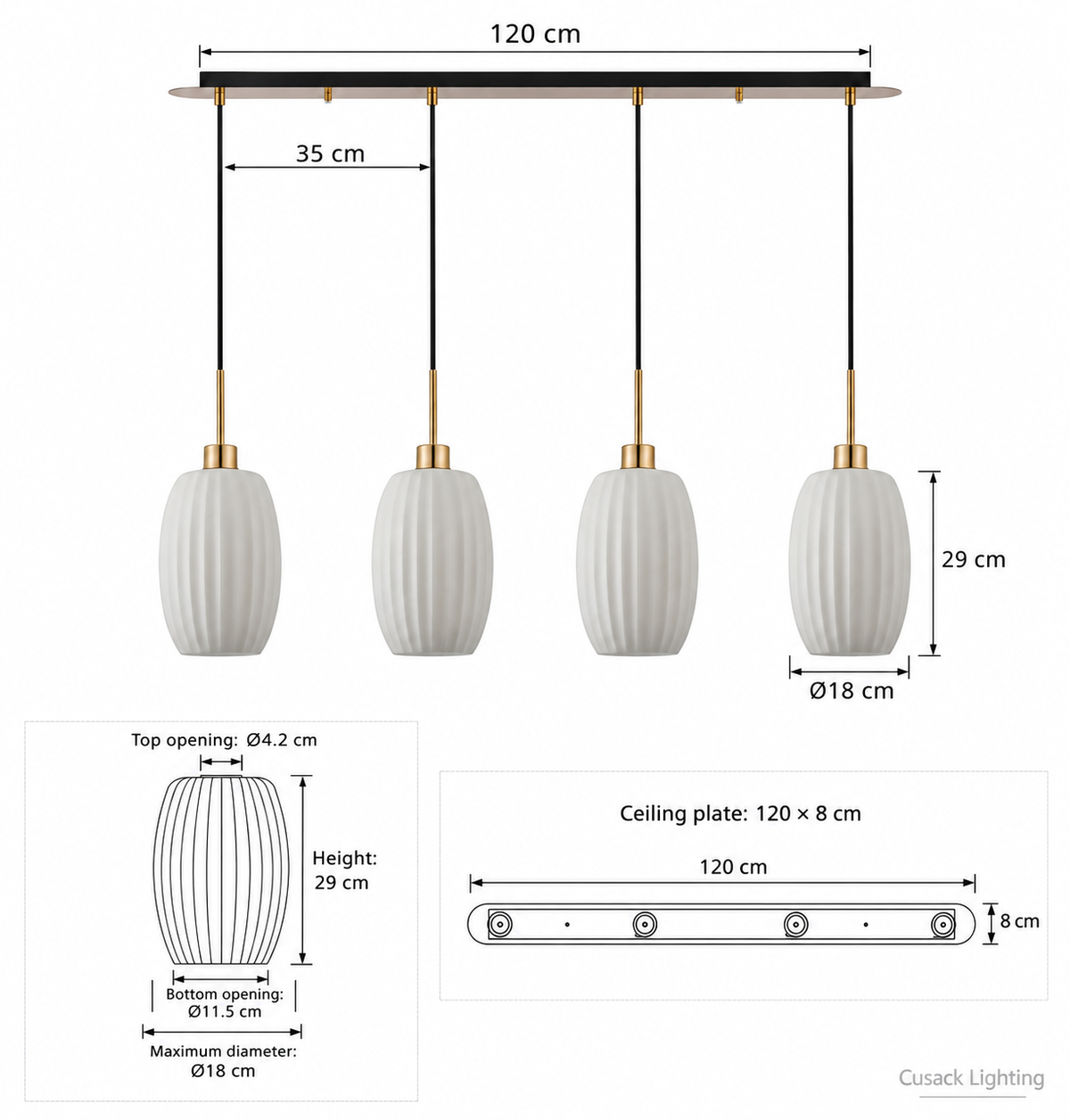 Lori 4lt Linear Pendant- Antique Gold/Opal Ribbed Glass