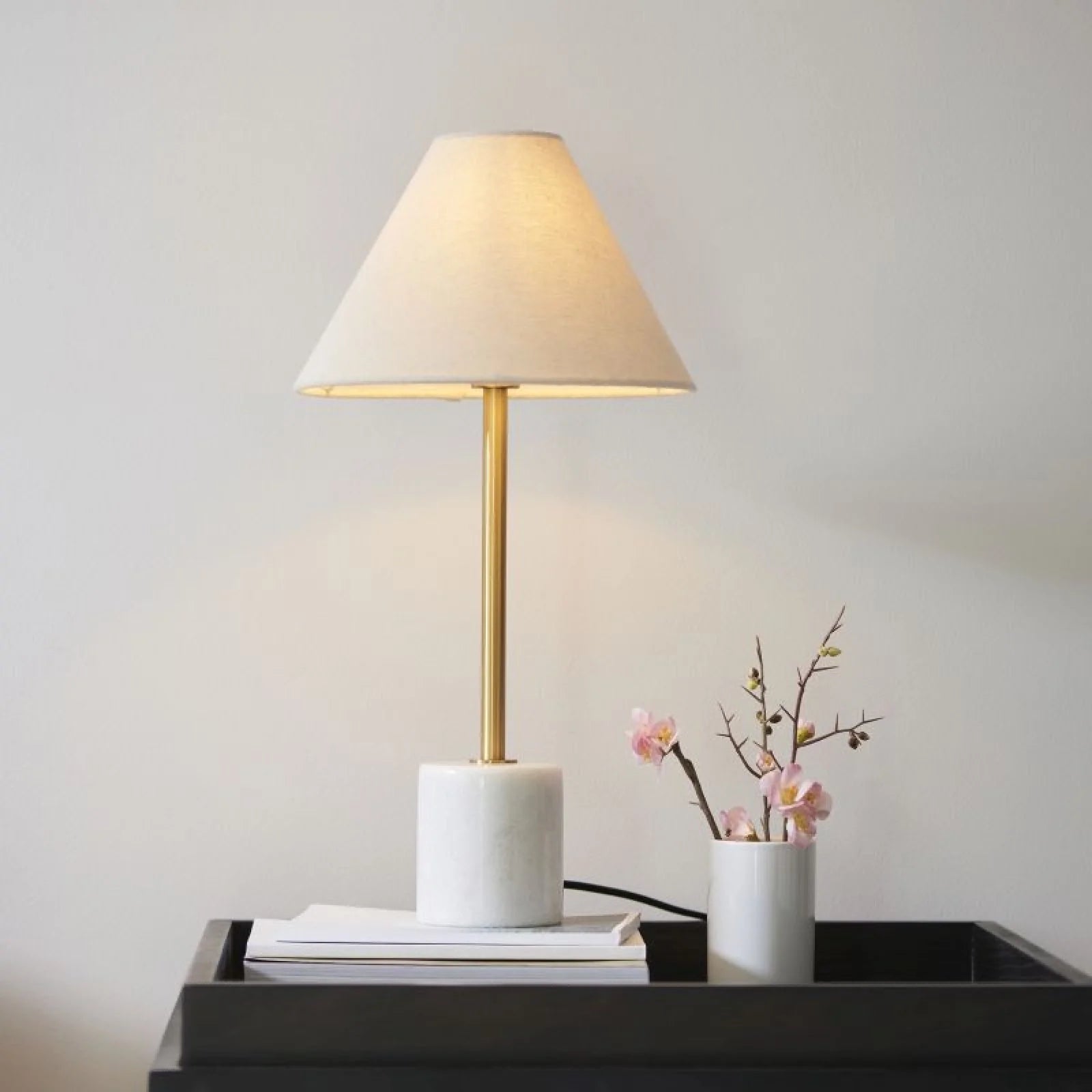 Fontaine Table Lamp- Brushed Aged Brass & White Marble with Natural Linen Shade