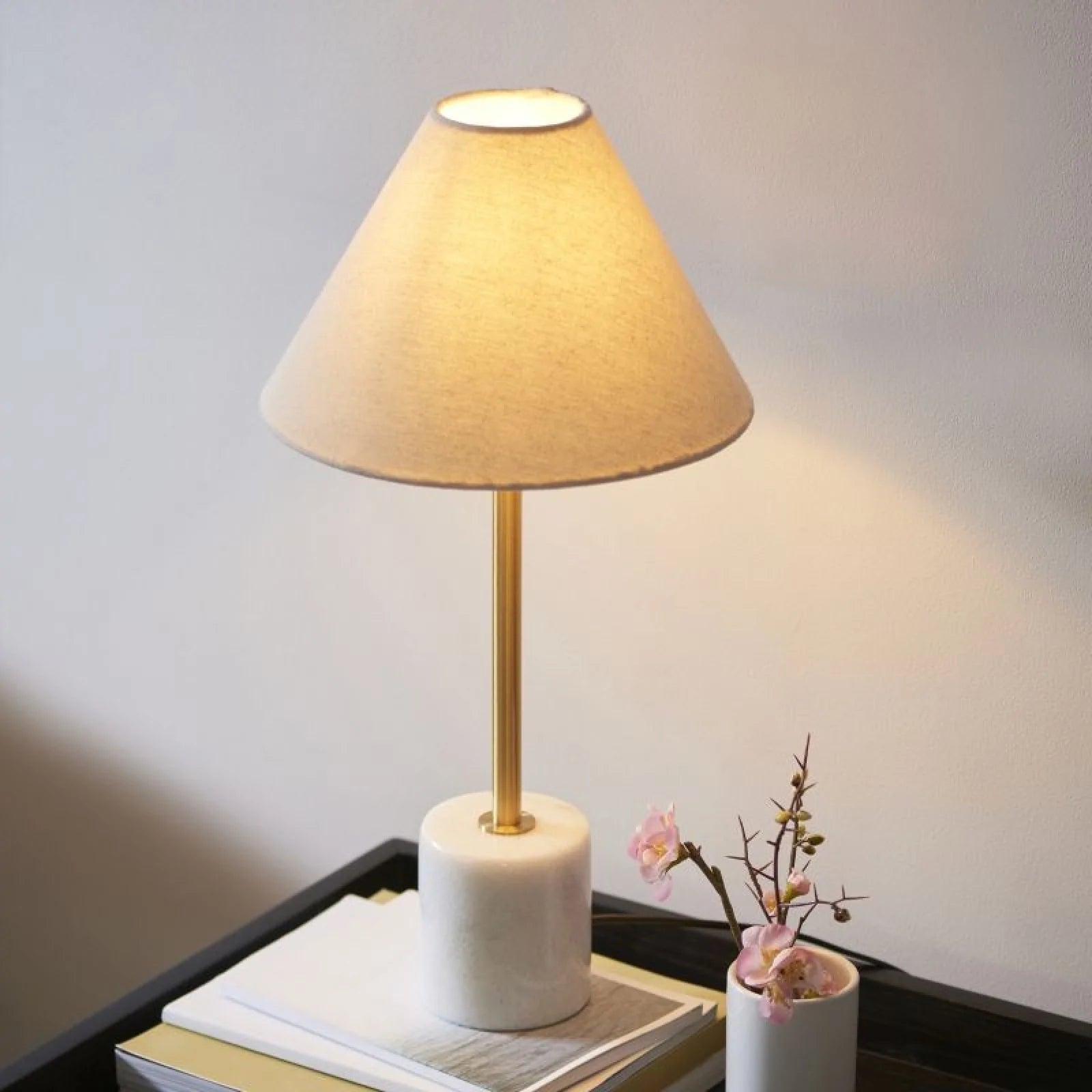 Fontaine Table Lamp- Brushed Aged Brass & White Marble with Natural Linen Shade