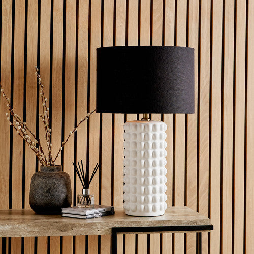 Sohan White Bobbled Ceramic Table Lamp Base with Black Linen Drum Shade