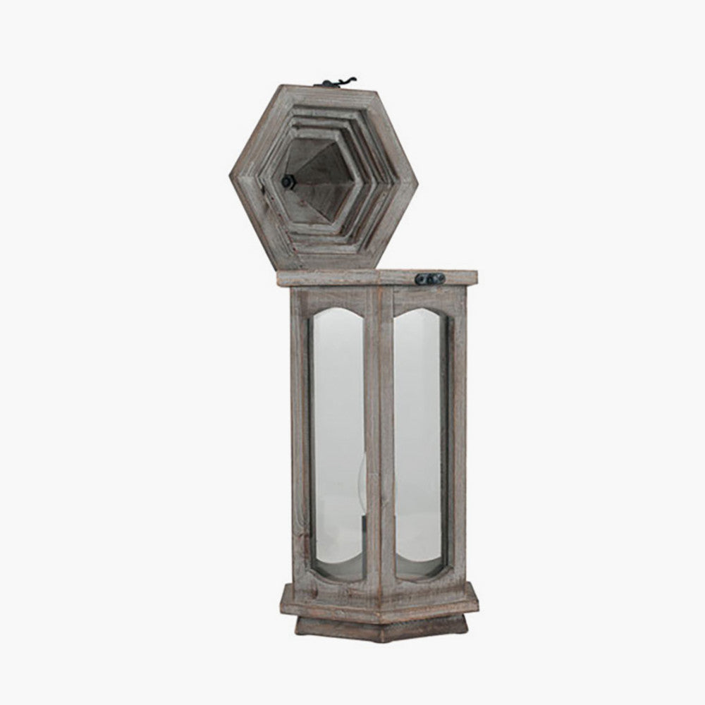 Adaline Antique Wood Lantern Table Lamp- Grey / White Wash