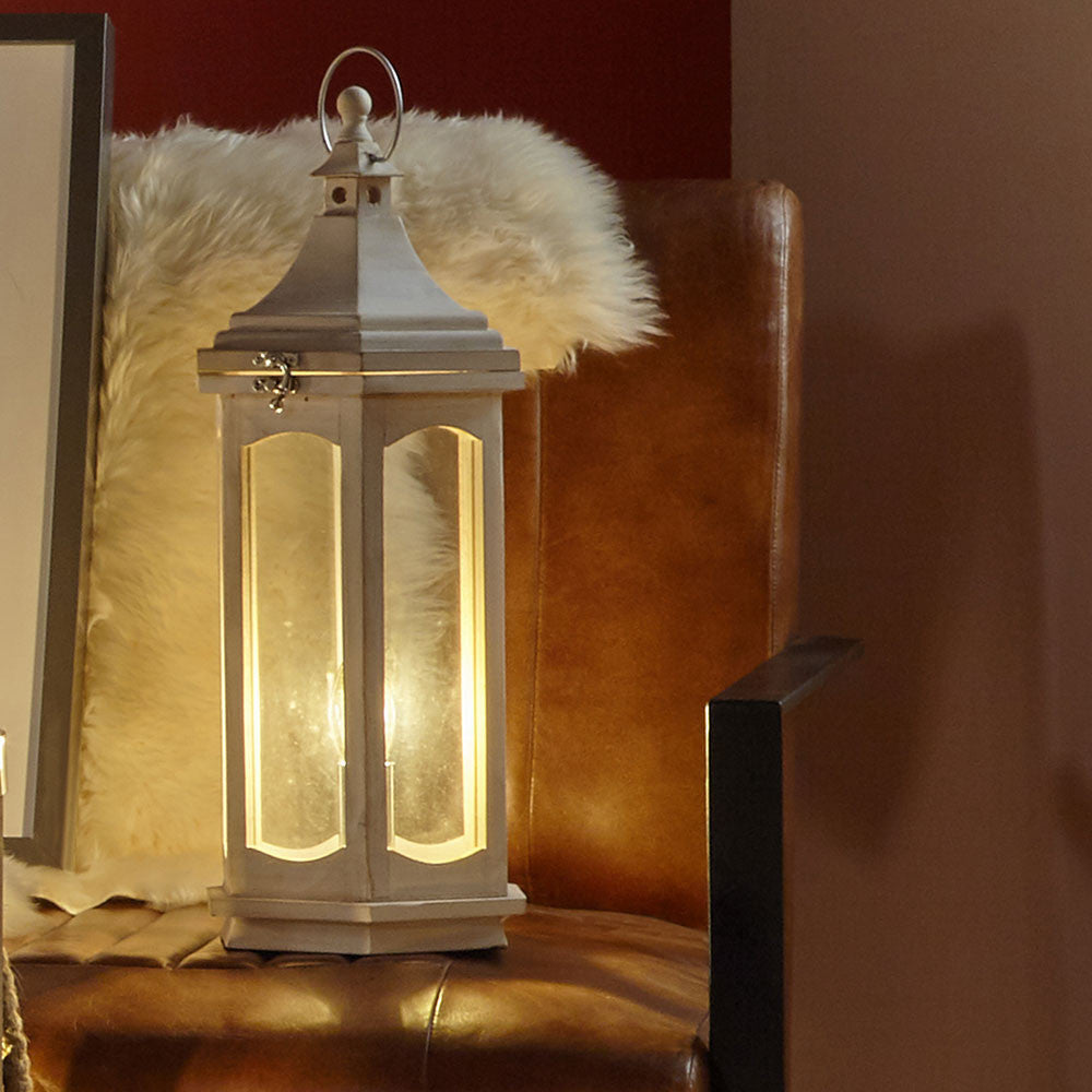 Adaline Antique Wood Lantern Table Lamp- Grey / White Wash