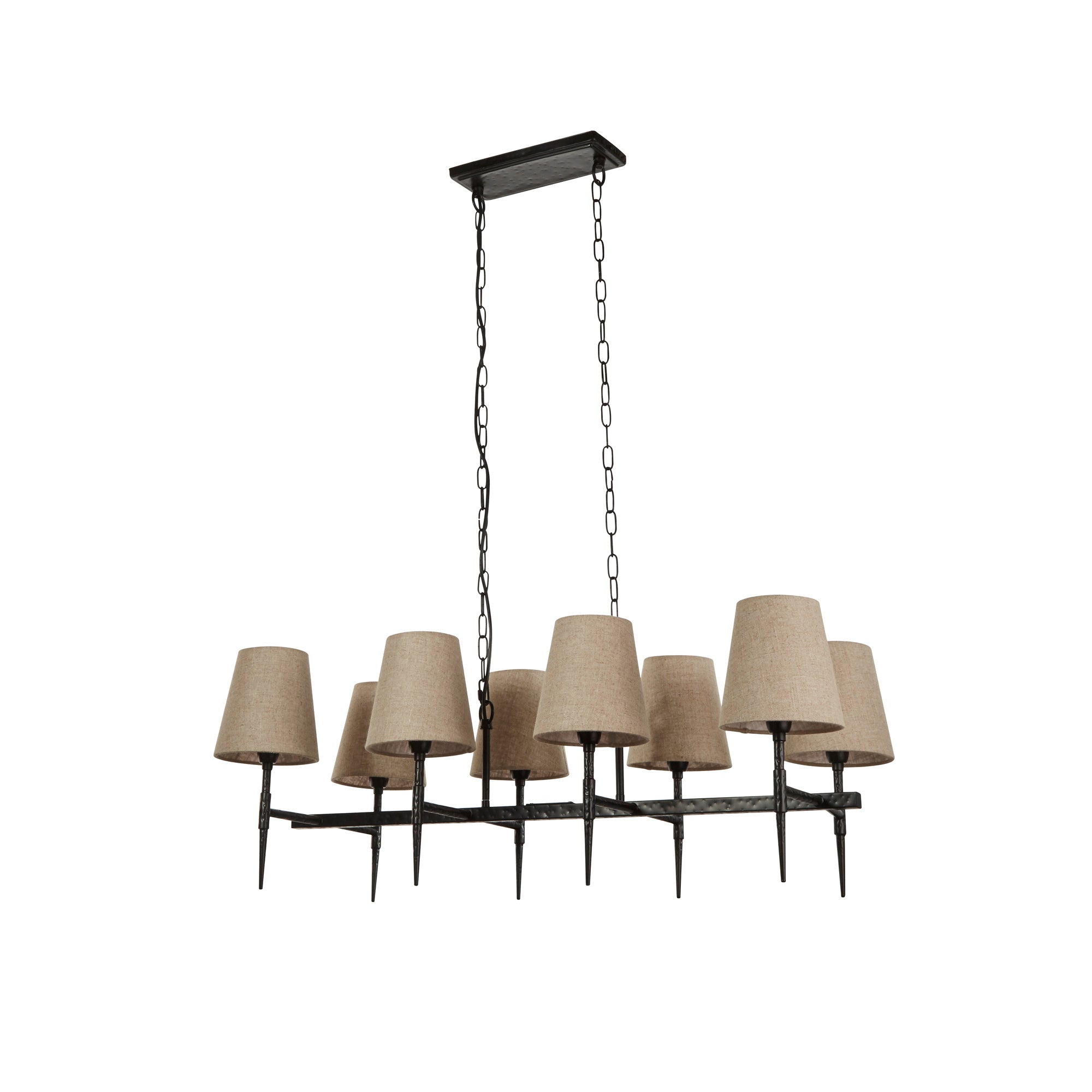 Gothic 8lt Bar Pendant, Adjustable Height, Dimmable- Hammered Black Metal & Natural Linen