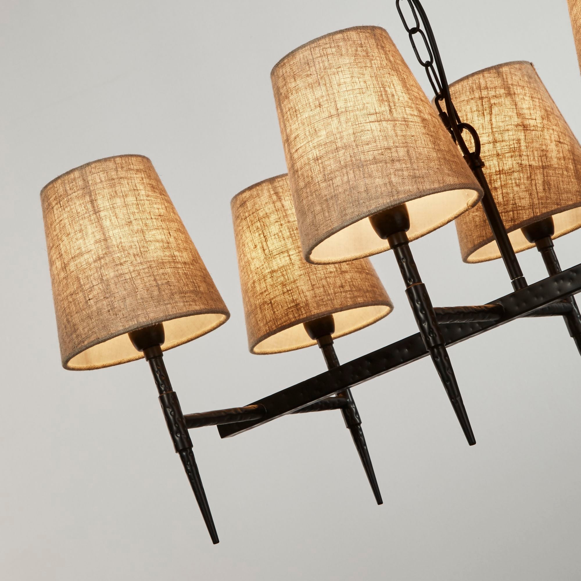 Gothic 8lt Bar Pendant, Adjustable Height, Dimmable- Hammered Black Metal & Natural Linen
