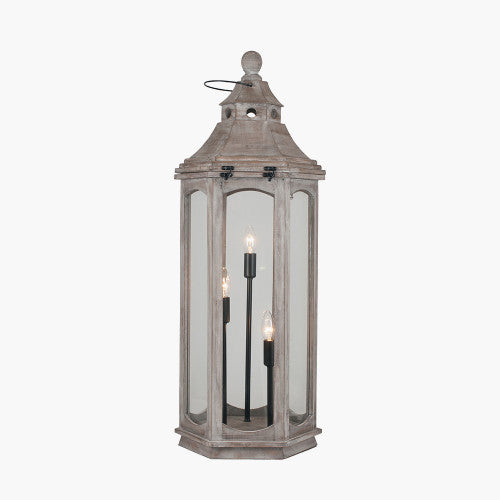 Adaline Antique Wood Lantern Table Lamp- Grey / White Wash