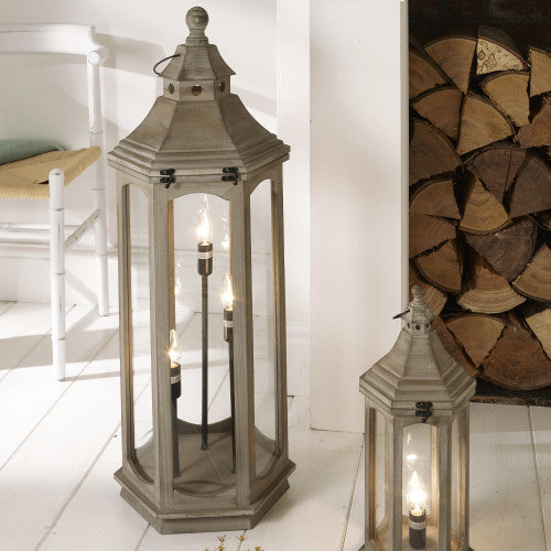 Adaline Antique Wood Lantern Table Lamp- Grey / White Wash