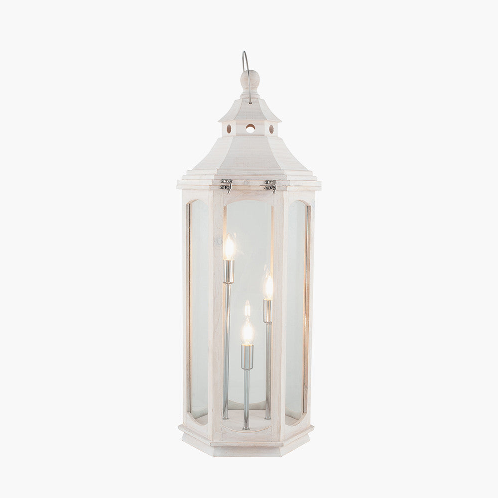 Adaline Antique Wood Lantern Table Lamp- Grey / White Wash