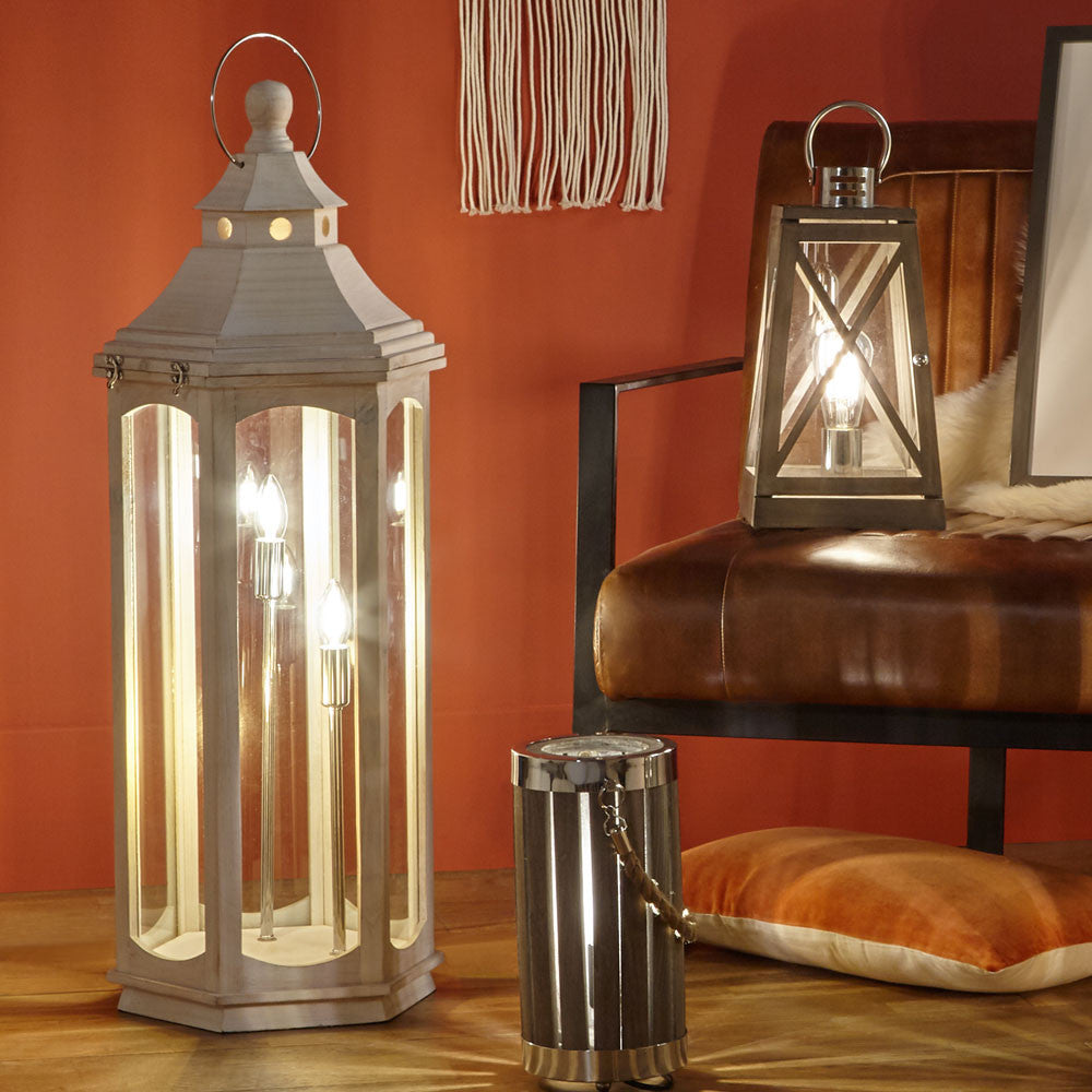 Adaline Antique Wood Lantern Table Lamp- Grey / White Wash