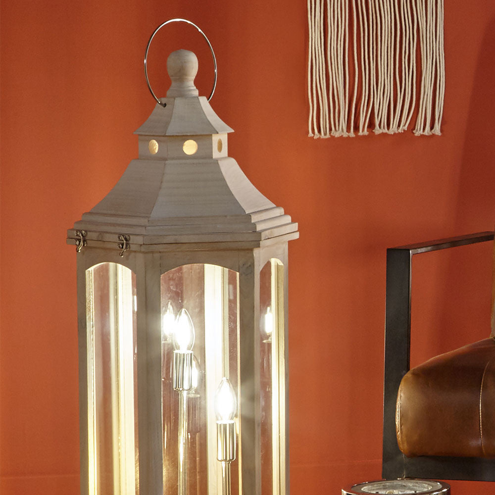 Adaline Antique Wood Lantern Table Lamp- Grey / White Wash