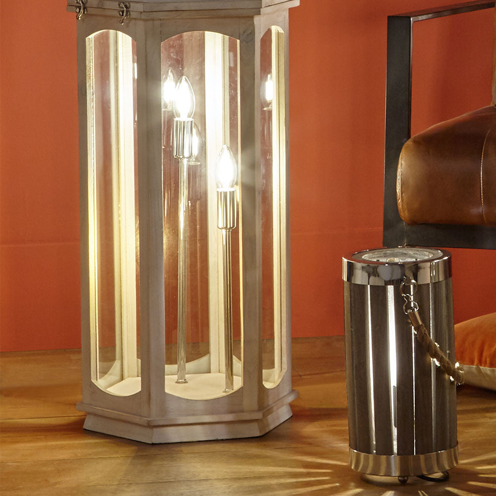 Adaline Antique Wood Lantern Table Lamp- Grey / White Wash