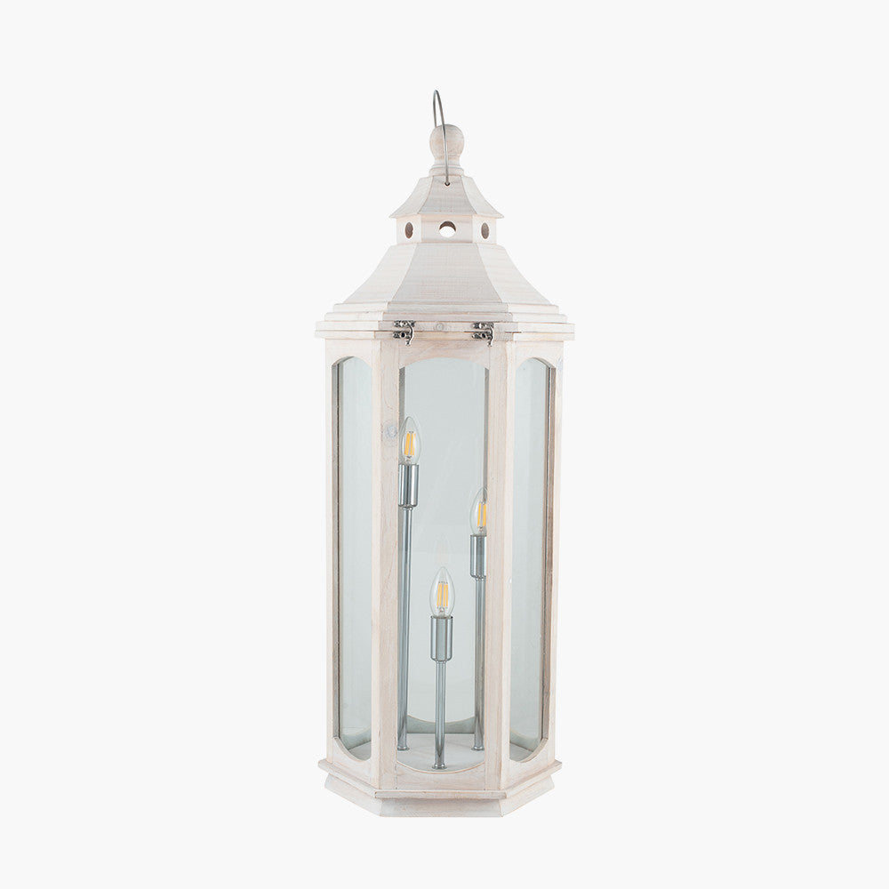 Adaline Antique Wood Lantern Table Lamp- Grey / White Wash