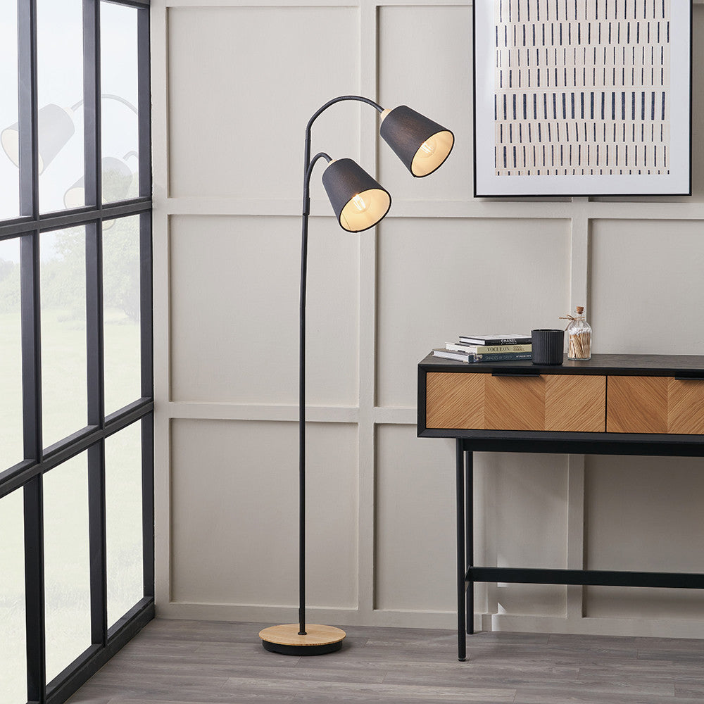 Juna Black Metal and Natural Wood Two Head Floor Lamp