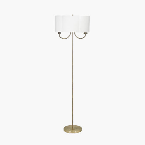 Seraphine Matt Antique Brass Metal and White Cotton Mix Scallop Shaded Floor Lamp