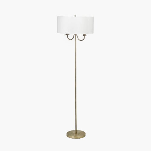 Seraphine Matt Antique Brass Metal and White Cotton Mix Scallop Shaded Floor Lamp