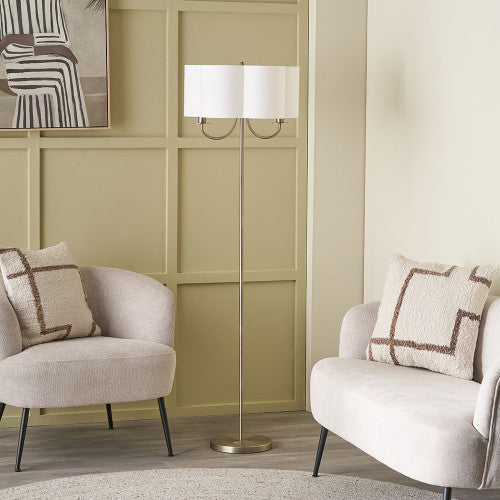 Seraphine Matt Antique Brass Metal and White Cotton Mix Scallop Shaded Floor Lamp