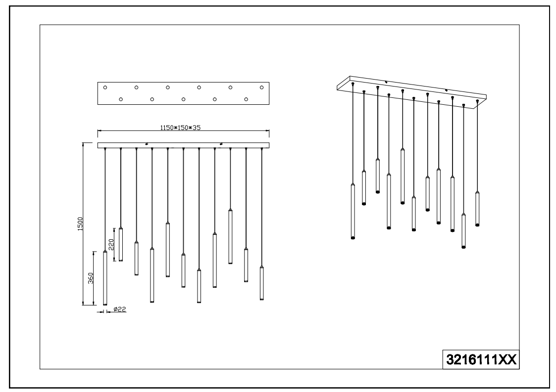 Tubular 11Lt LED Linear Pendant - Black/White