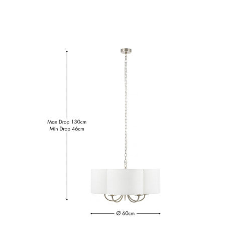 Seraphine Matt Antique Brass Metal and White Cotton Mix Scallop Shaded 5 Arm Pendant