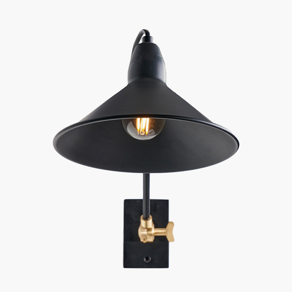 Canton Matt Black and Brass Metal Cone Wall Light SES/E14 Golf Ball/10-12W LED