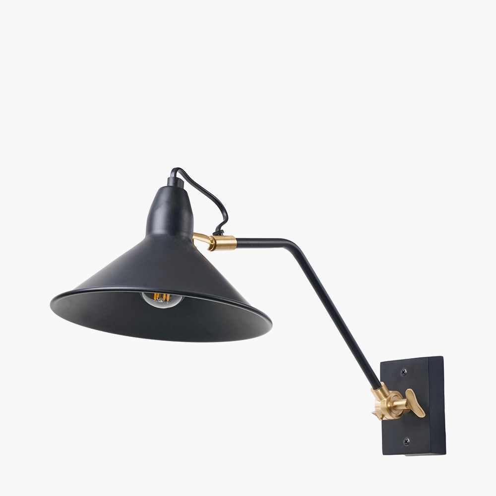 Canton Matt Black and Brass Metal Cone Wall Light SES/E14 Golf Ball/10-12W LED