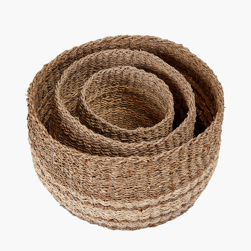 Set of 3 2-Tone Seagrass and Palm Leaf Natural Round Baskets
