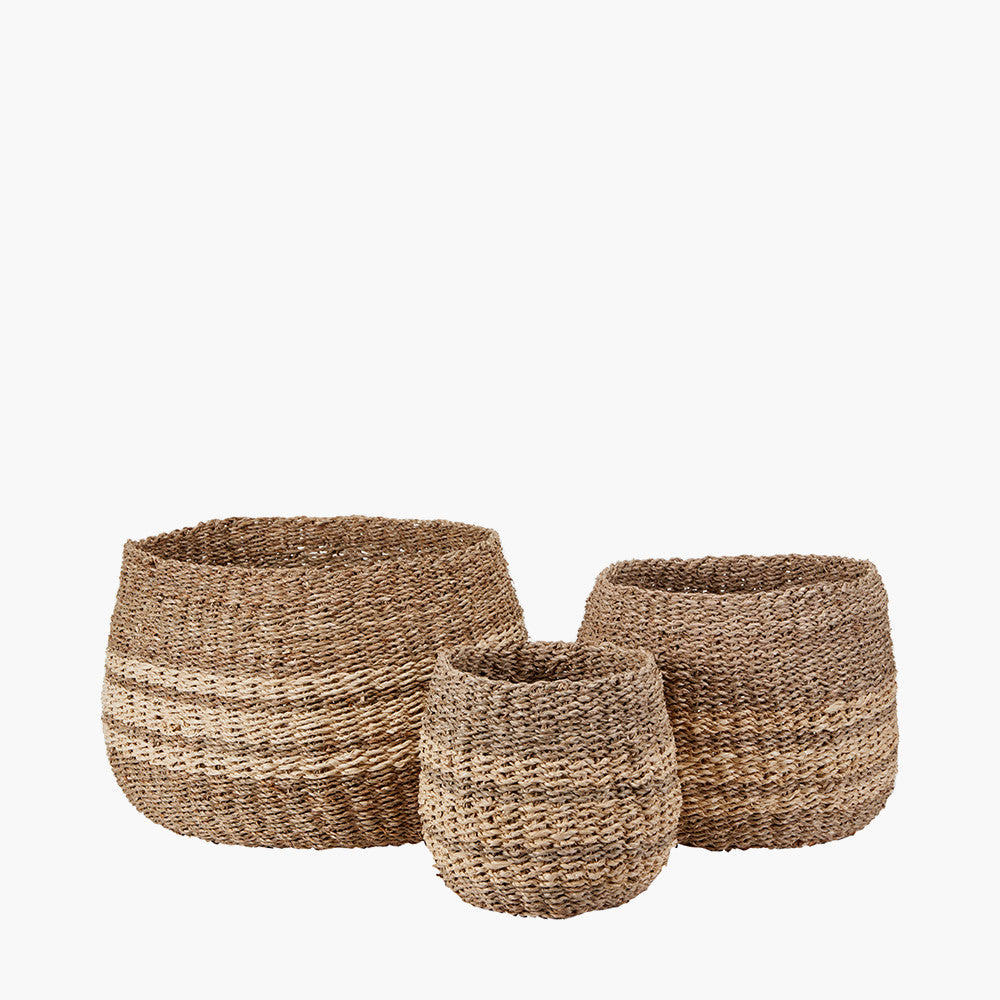 Set of 3 2-Tone Seagrass and Palm Leaf Natural Round Baskets