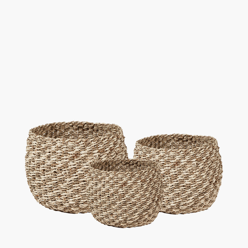 Set of 3 Seagrass and Palm Leaf 2-Tone Natural Plaited Round Baskets
