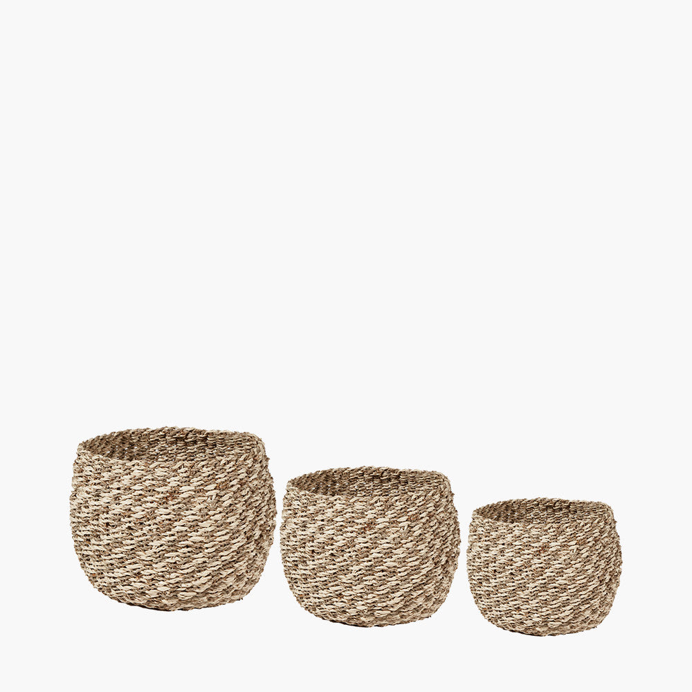 Set of 3 Seagrass and Palm Leaf 2-Tone Natural Plaited Round Baskets
