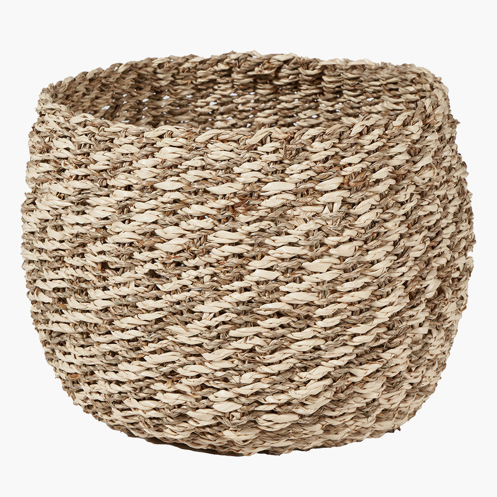 Set of 3 Seagrass and Palm Leaf 2-Tone Natural Plaited Round Baskets