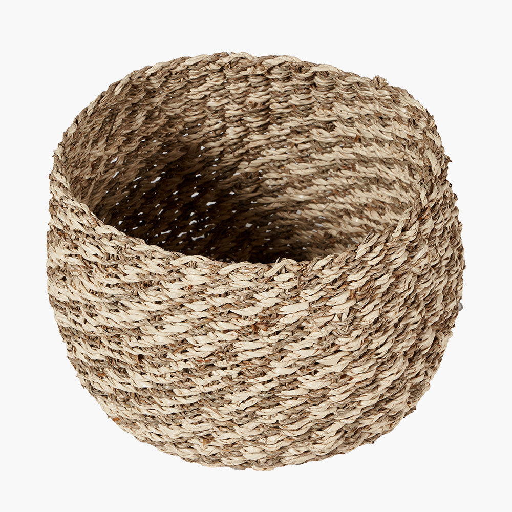 Set of 3 Seagrass and Palm Leaf 2-Tone Natural Plaited Round Baskets