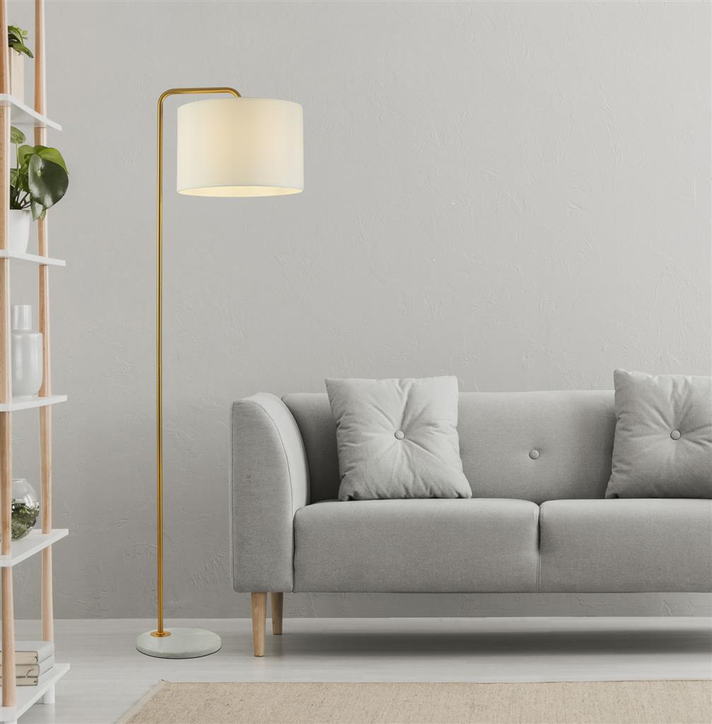 Gallow Floor Lamp-Antique Gold Metal, Marble & White Fabric E27