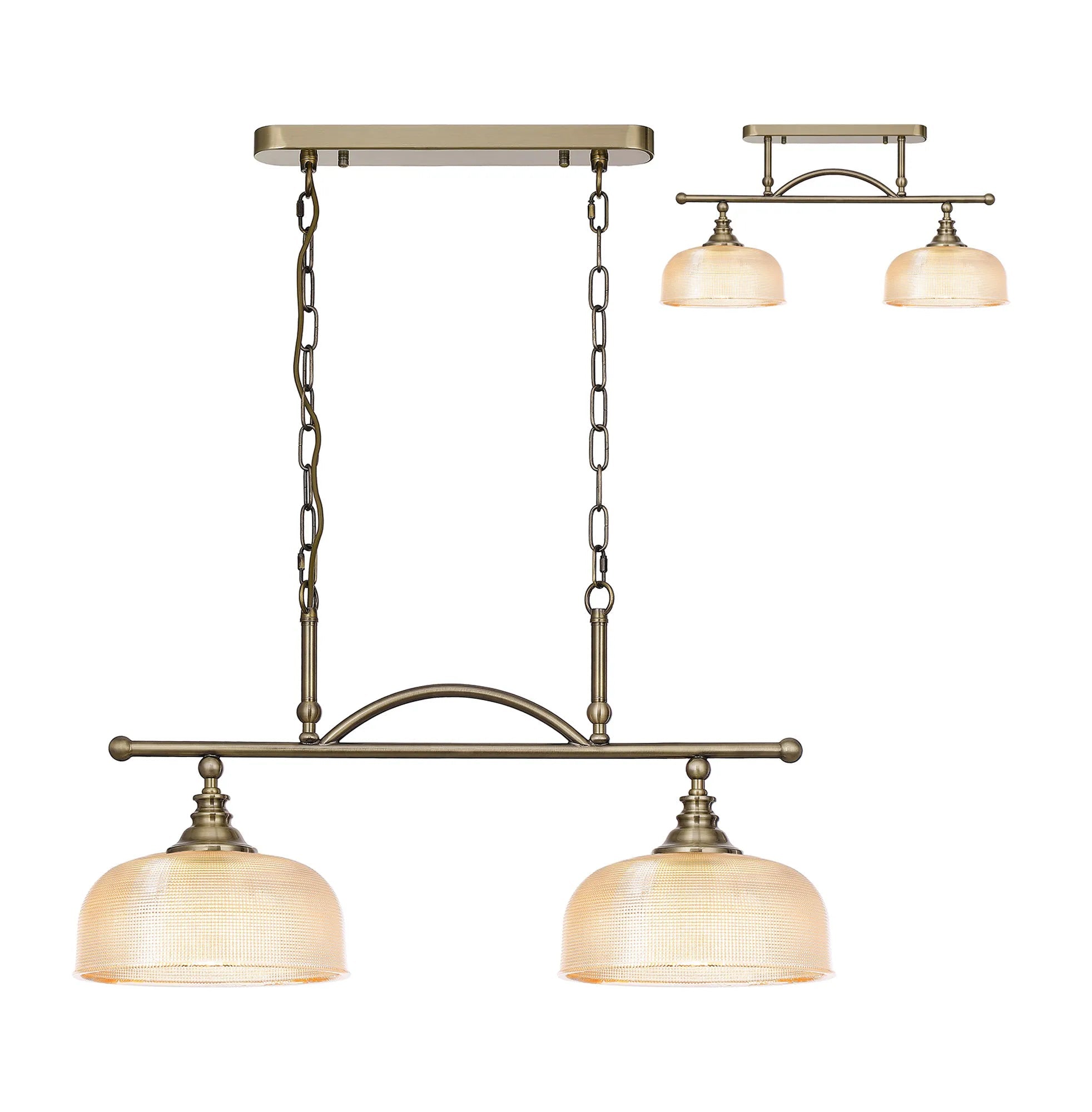Cleron Semi Flush / Kitchen Light, 2/3 Light Adjustable E27, Satin Nickel, Polished Nickel, Antique Brass / Prismatic Glass