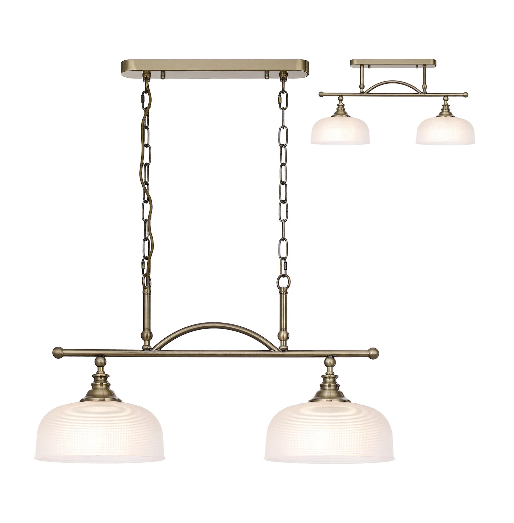 Cleron Semi Flush / Kitchen Light, 2/3 Light Adjustable E27, Satin Nickel, Polished Nickel, Antique Brass / Prismatic Glass