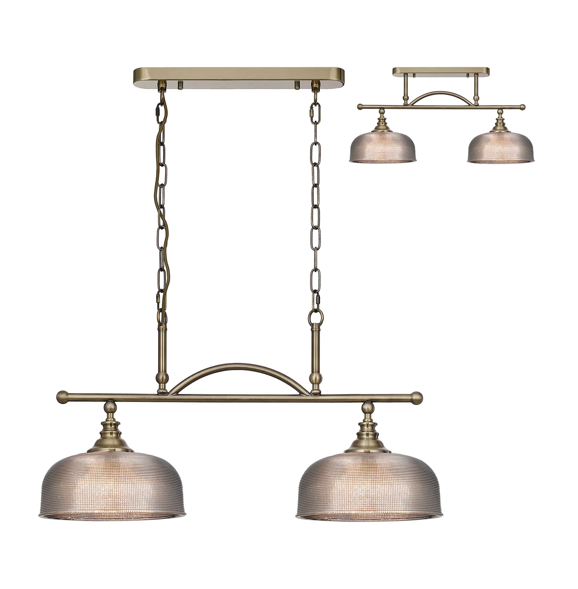 Cleron Semi Flush / Kitchen Light, 2/3 Light Adjustable E27, Satin Nickel, Polished Nickel, Antique Brass / Prismatic Glass