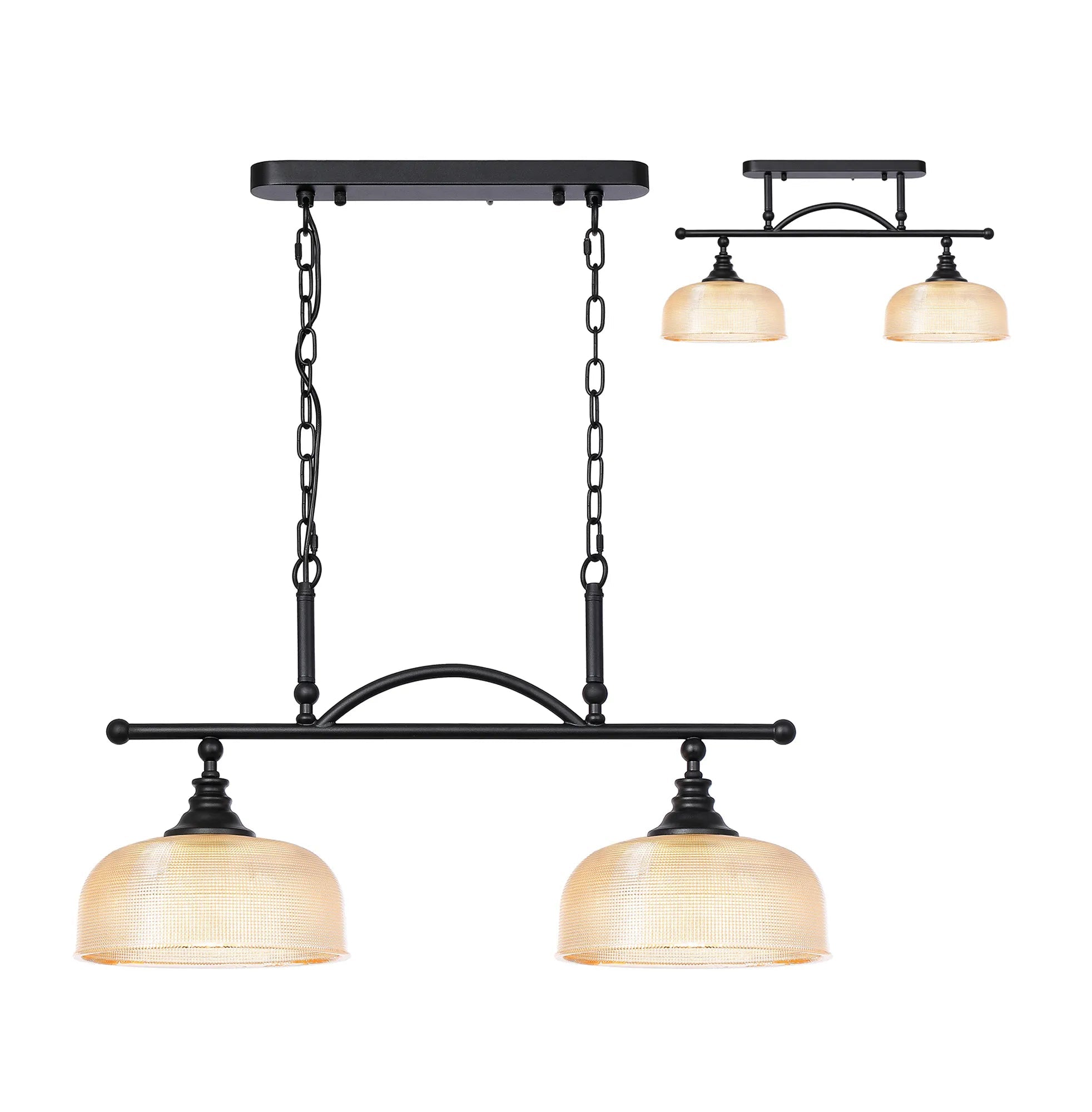 Cleron Semi Flush / Kitchen Light, 2/3 Light Adjustable E27, Satin Nickel, Polished Nickel, Antique Brass / Prismatic Glass