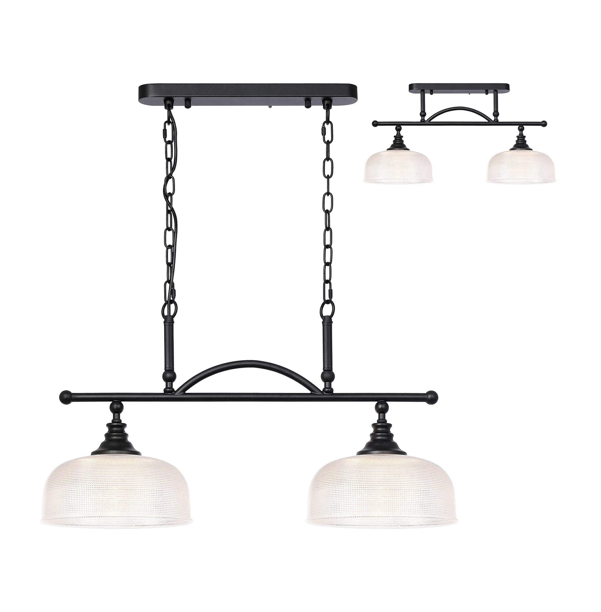 Cleron Semi Flush / Kitchen Light, 2/3 Light Adjustable E27, Satin Nickel, Polished Nickel, Antique Brass / Prismatic Glass