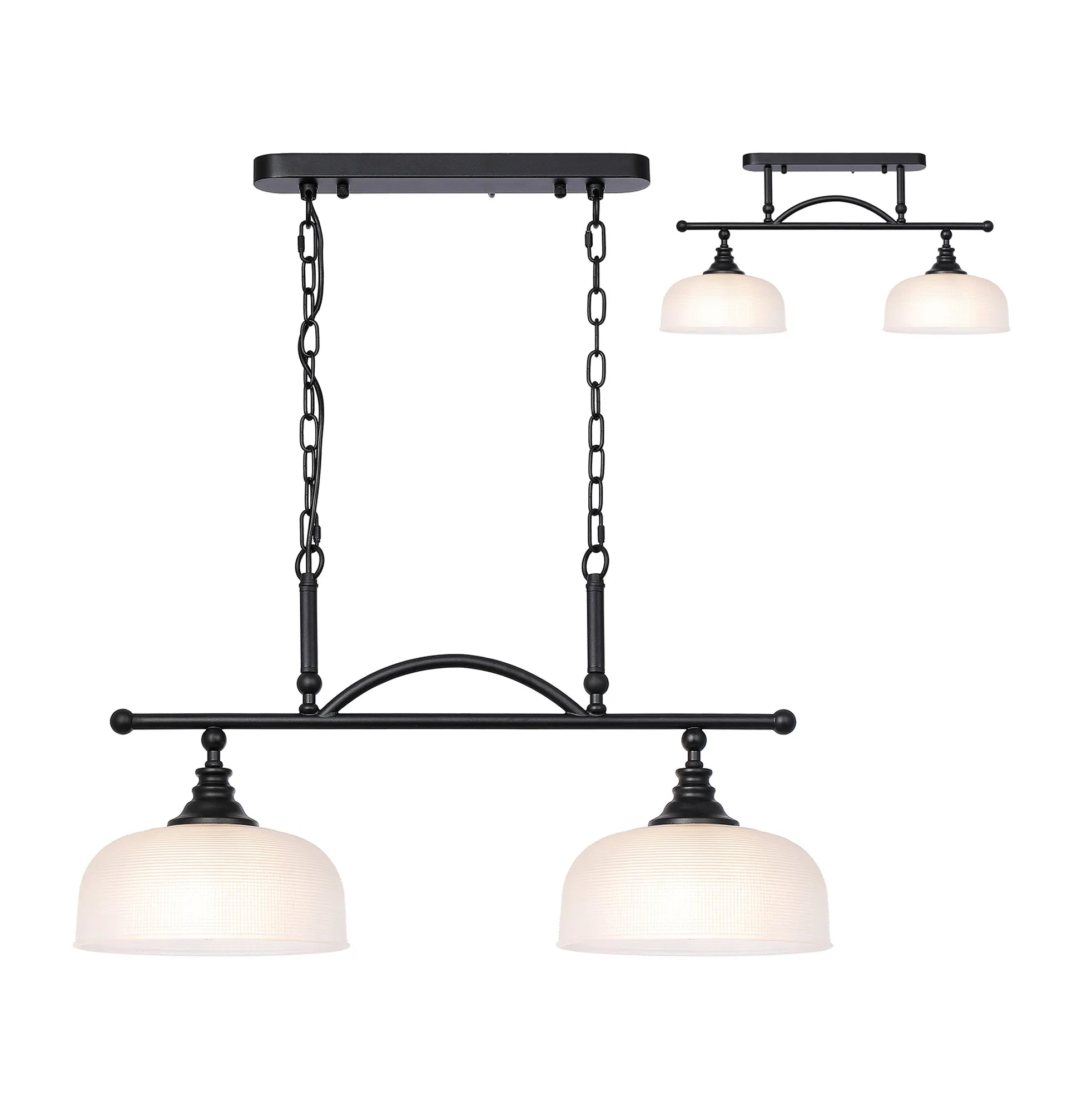 Cleron Semi Flush / Kitchen Light, 2/3 Light Adjustable E27, Satin Nickel, Polished Nickel, Antique Brass / Prismatic Glass