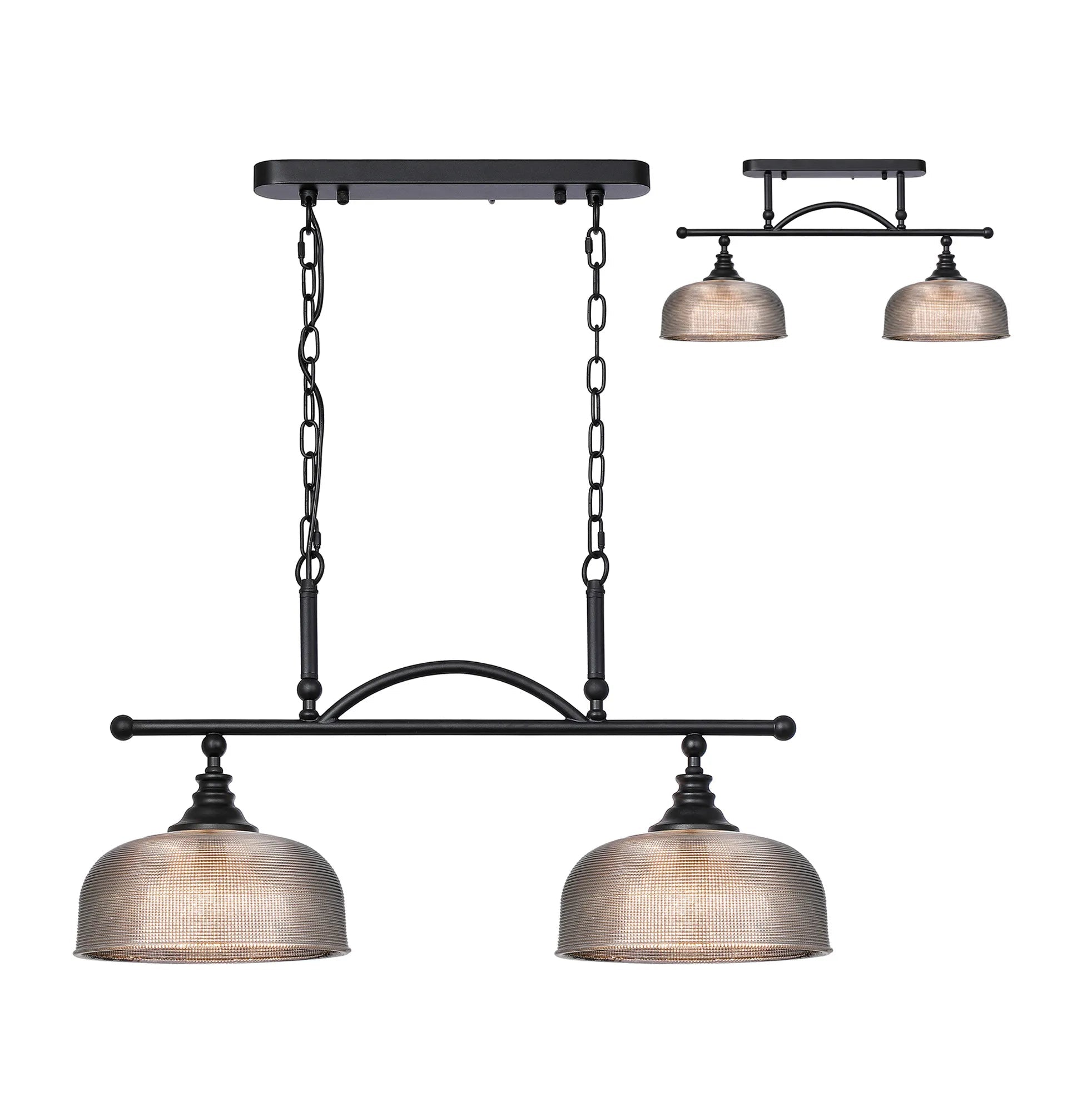 Cleron Semi Flush / Kitchen Light, 2/3 Light Adjustable E27, Satin Nickel, Polished Nickel, Antique Brass / Prismatic Glass