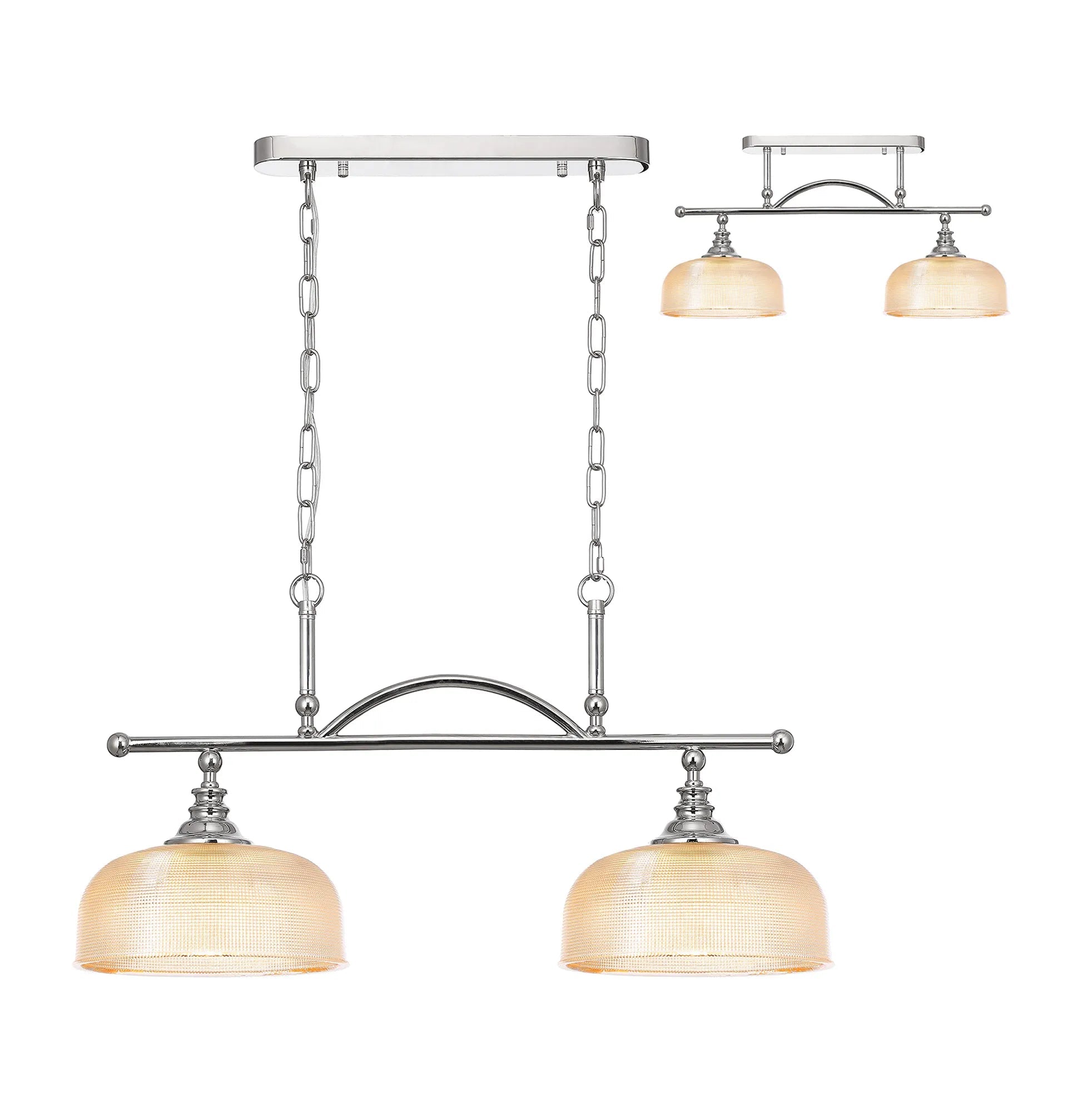 Cleron Semi Flush / Kitchen Light, 2/3 Light Adjustable E27, Satin Nickel, Polished Nickel, Antique Brass / Prismatic Glass