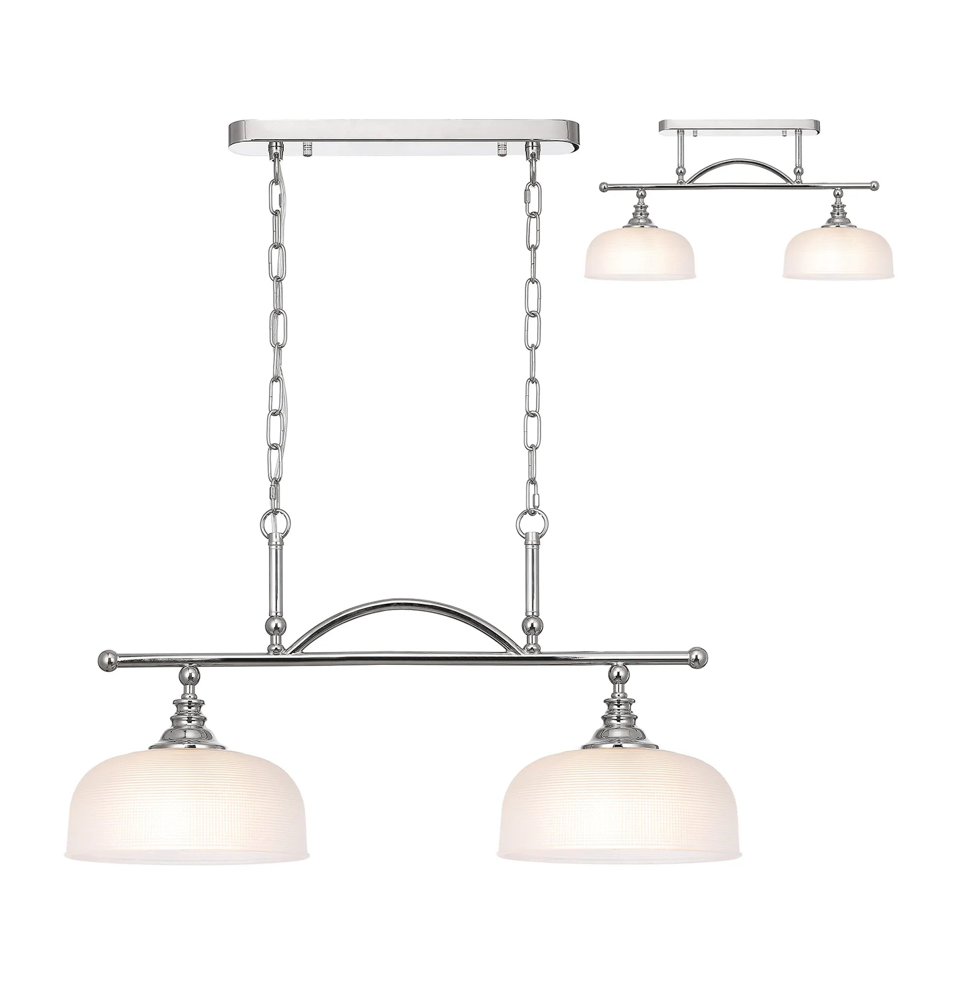 Cleron Semi Flush / Kitchen Light, 2/3 Light Adjustable E27, Satin Nickel, Polished Nickel, Antique Brass / Prismatic Glass