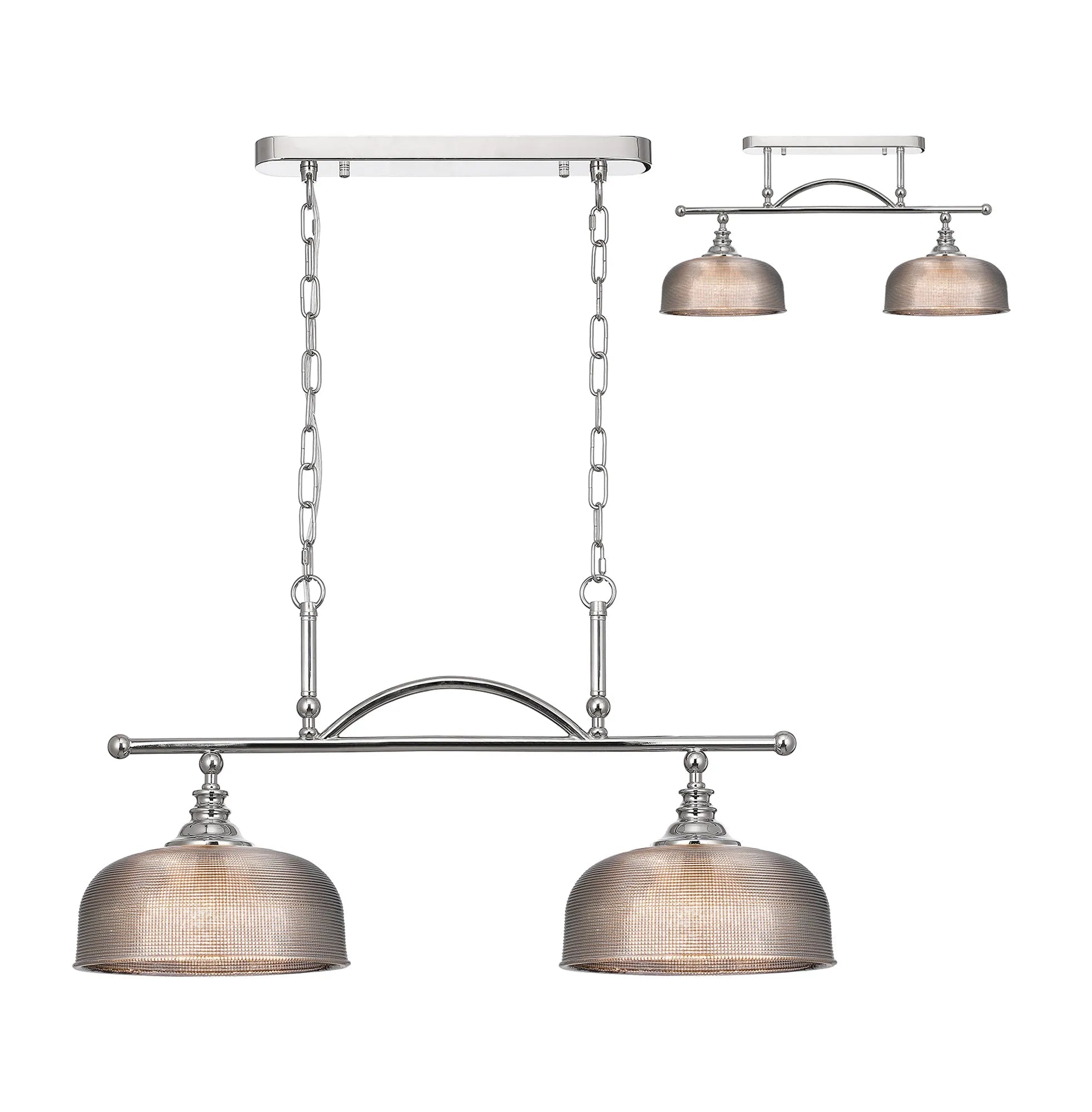 Cleron Semi Flush / Kitchen Light, 2/3 Light Adjustable E27, Satin Nickel, Polished Nickel, Antique Brass / Prismatic Glass