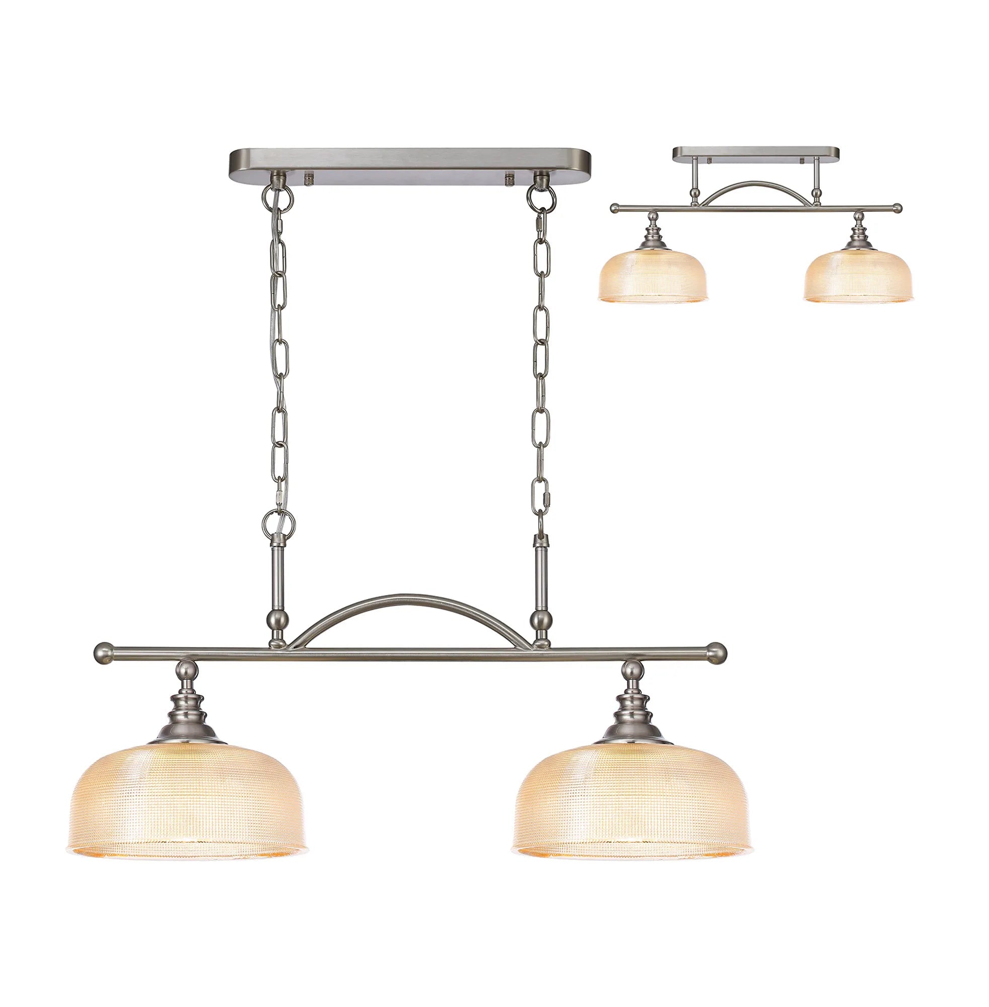 Cleron Semi Flush / Kitchen Light, 2/3 Light Adjustable E27, Satin Nickel, Polished Nickel, Antique Brass / Prismatic Glass