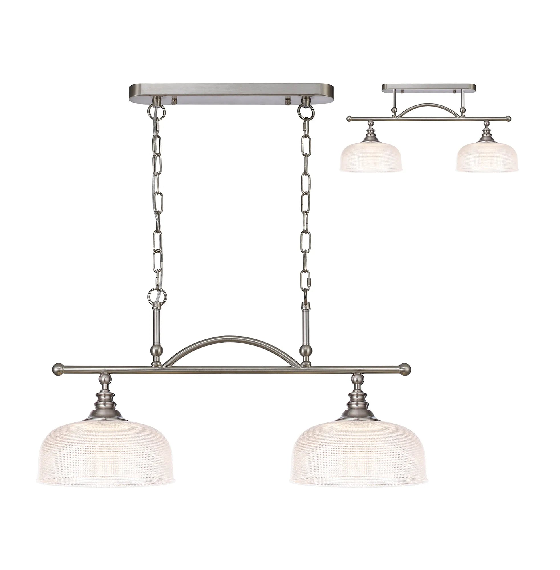 Cleron Semi Flush / Kitchen Light, 2/3 Light Adjustable E27, Satin Nickel, Polished Nickel, Antique Brass / Prismatic Glass