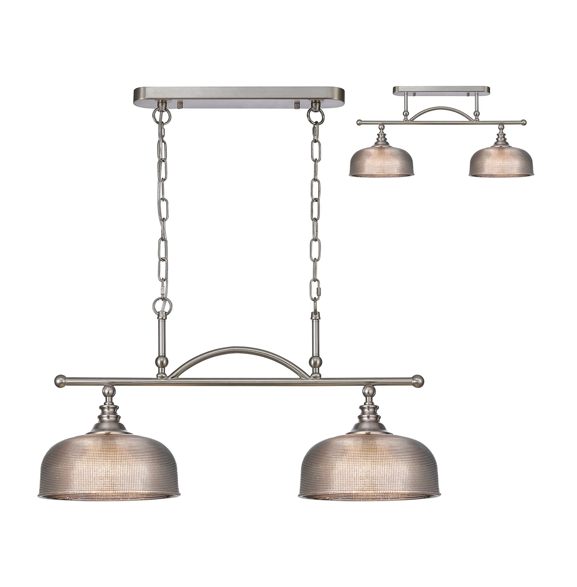 Cleron Semi Flush / Kitchen Light, 2/3 Light Adjustable E27, Satin Nickel, Polished Nickel, Antique Brass / Prismatic Glass