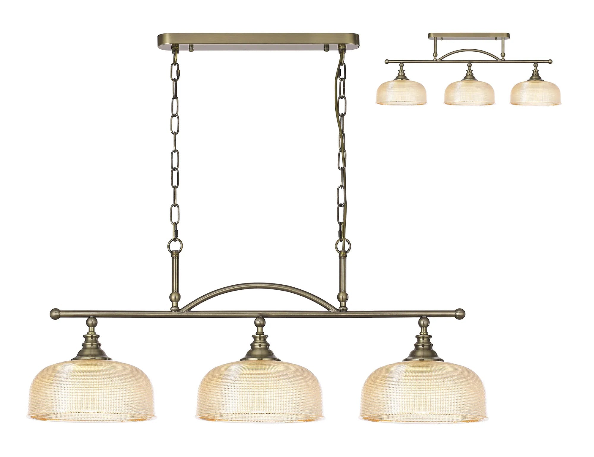 Cleron Semi Flush / Kitchen Light, 2/3 Light Adjustable E27, Satin Nickel, Polished Nickel, Antique Brass / Prismatic Glass