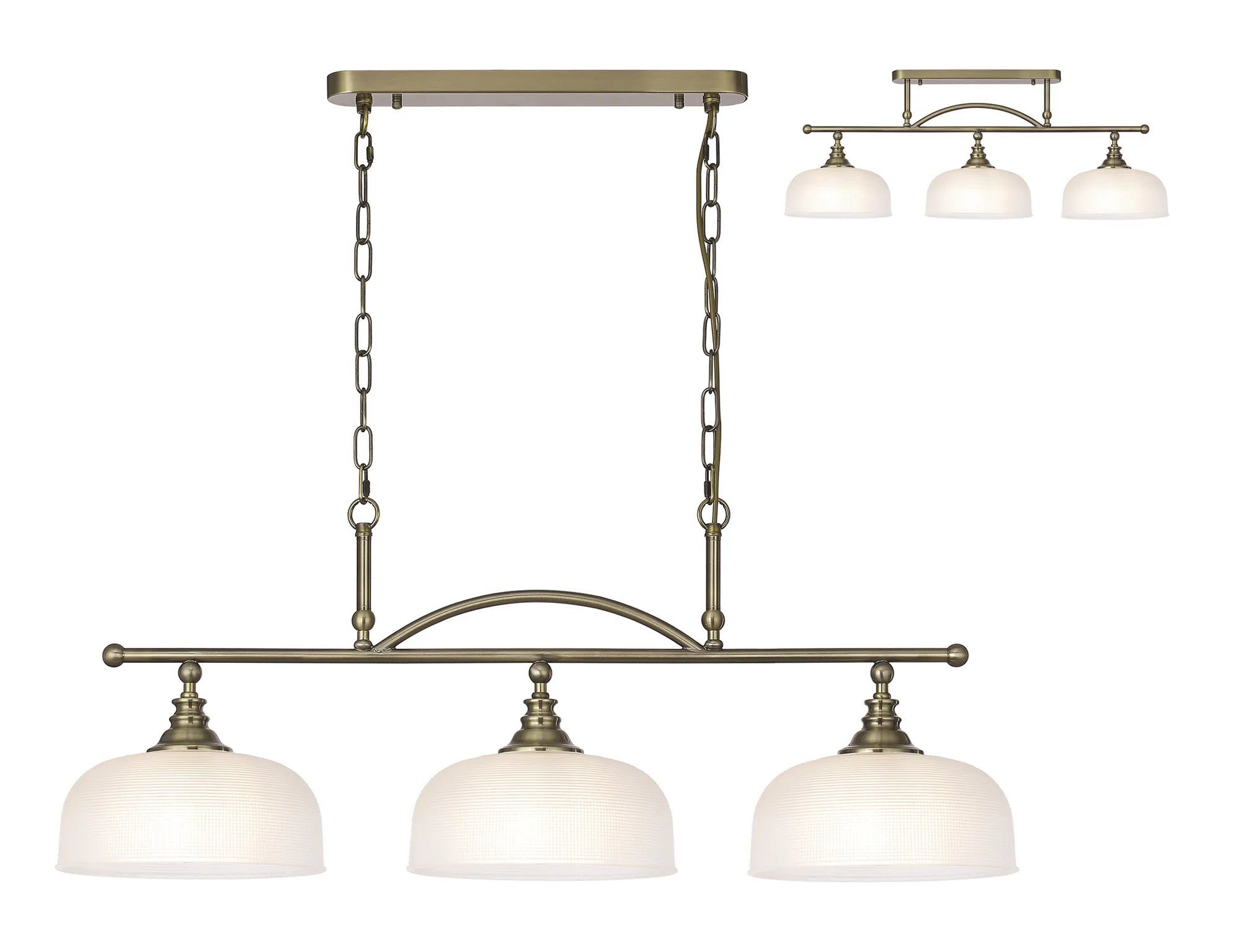 Cleron Semi Flush / Kitchen Light, 2/3 Light Adjustable E27, Satin Nickel, Polished Nickel, Antique Brass / Prismatic Glass