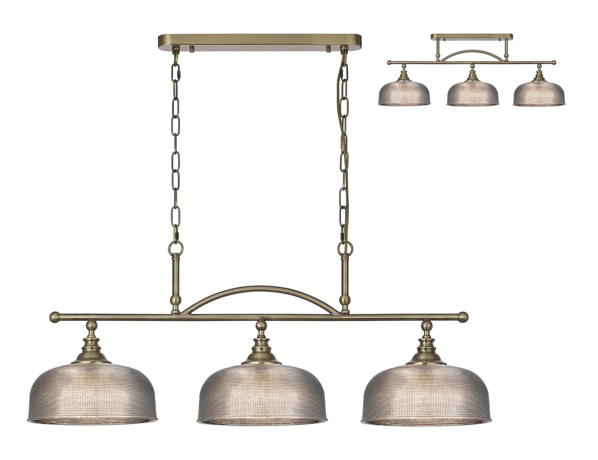 Cleron Semi Flush / Kitchen Light, 2/3 Light Adjustable E27, Satin Nickel, Polished Nickel, Antique Brass / Prismatic Glass
