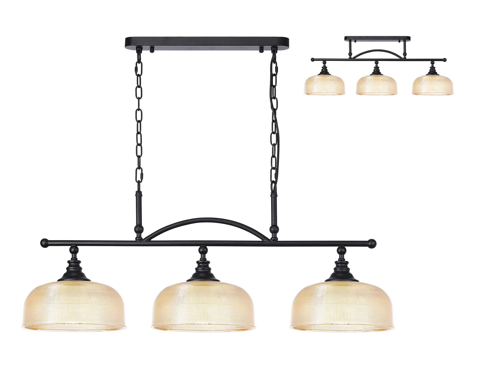 Cleron Semi Flush / Kitchen Light, 2/3 Light Adjustable E27, Satin Nickel, Polished Nickel, Antique Brass / Prismatic Glass