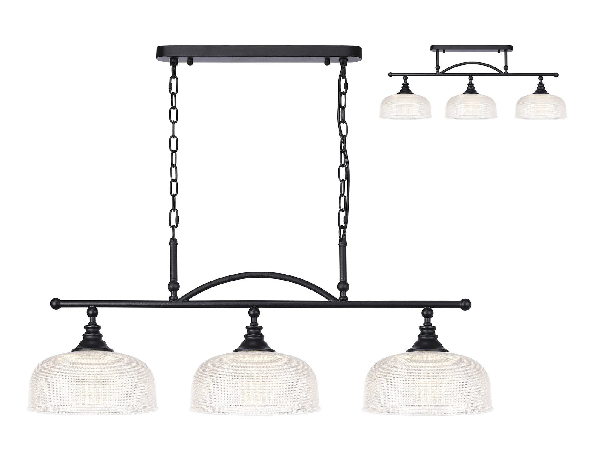 Cleron Semi Flush / Kitchen Light, 2/3 Light Adjustable E27, Satin Nickel, Polished Nickel, Antique Brass / Prismatic Glass