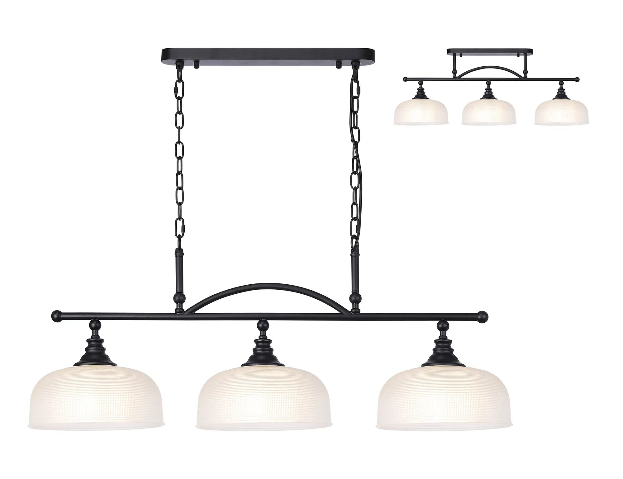 Cleron Semi Flush / Kitchen Light, 2/3 Light Adjustable E27, Satin Nickel, Polished Nickel, Antique Brass / Prismatic Glass